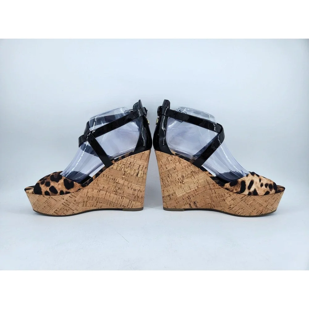 Guess Platform Wedge Sandals Womens 8M Brown Leopard Print Patent Cork Strappy